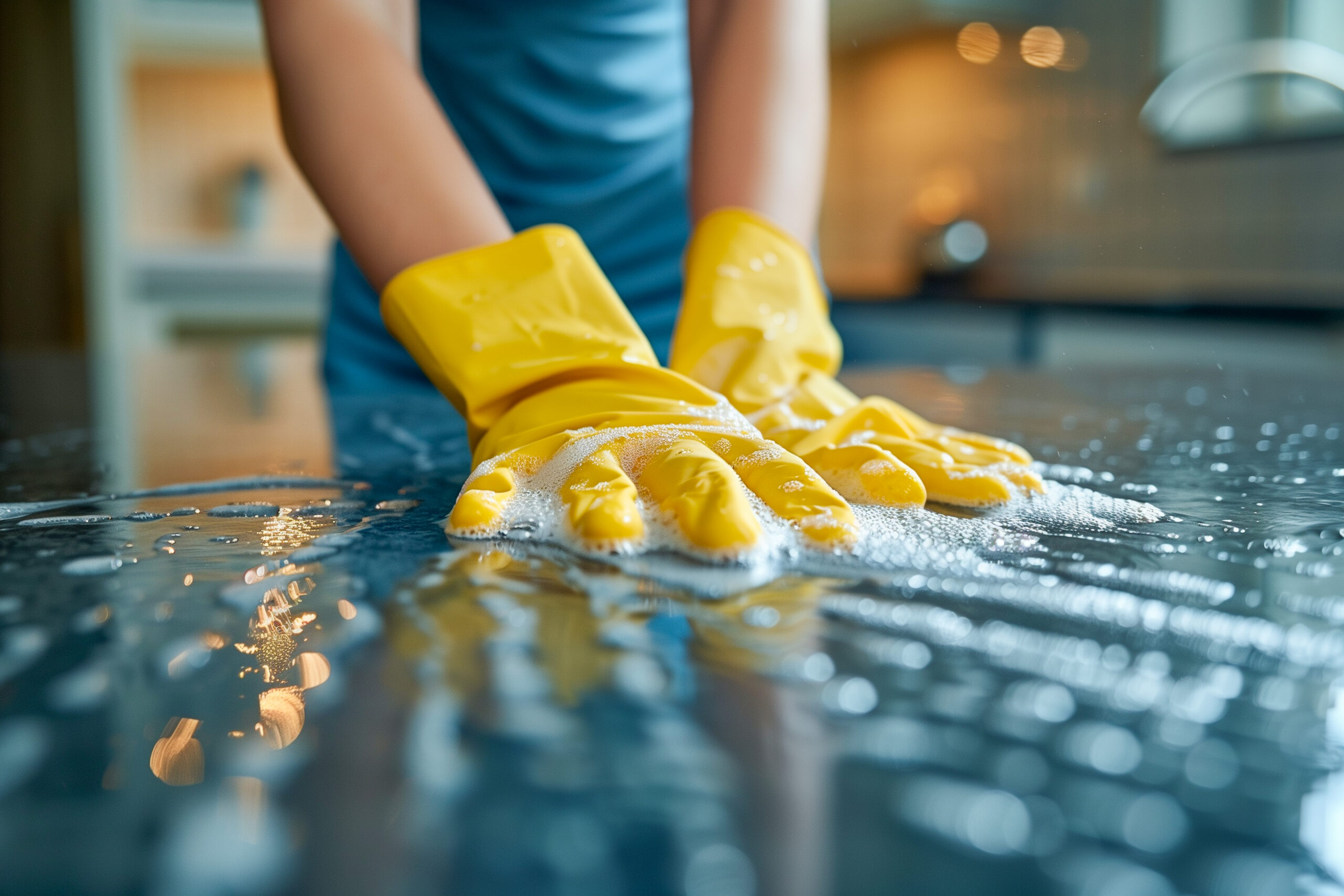 A person is cleaning a counter with a yellow rubber glove on. The counter is wet and the person is using a sponge to clean it