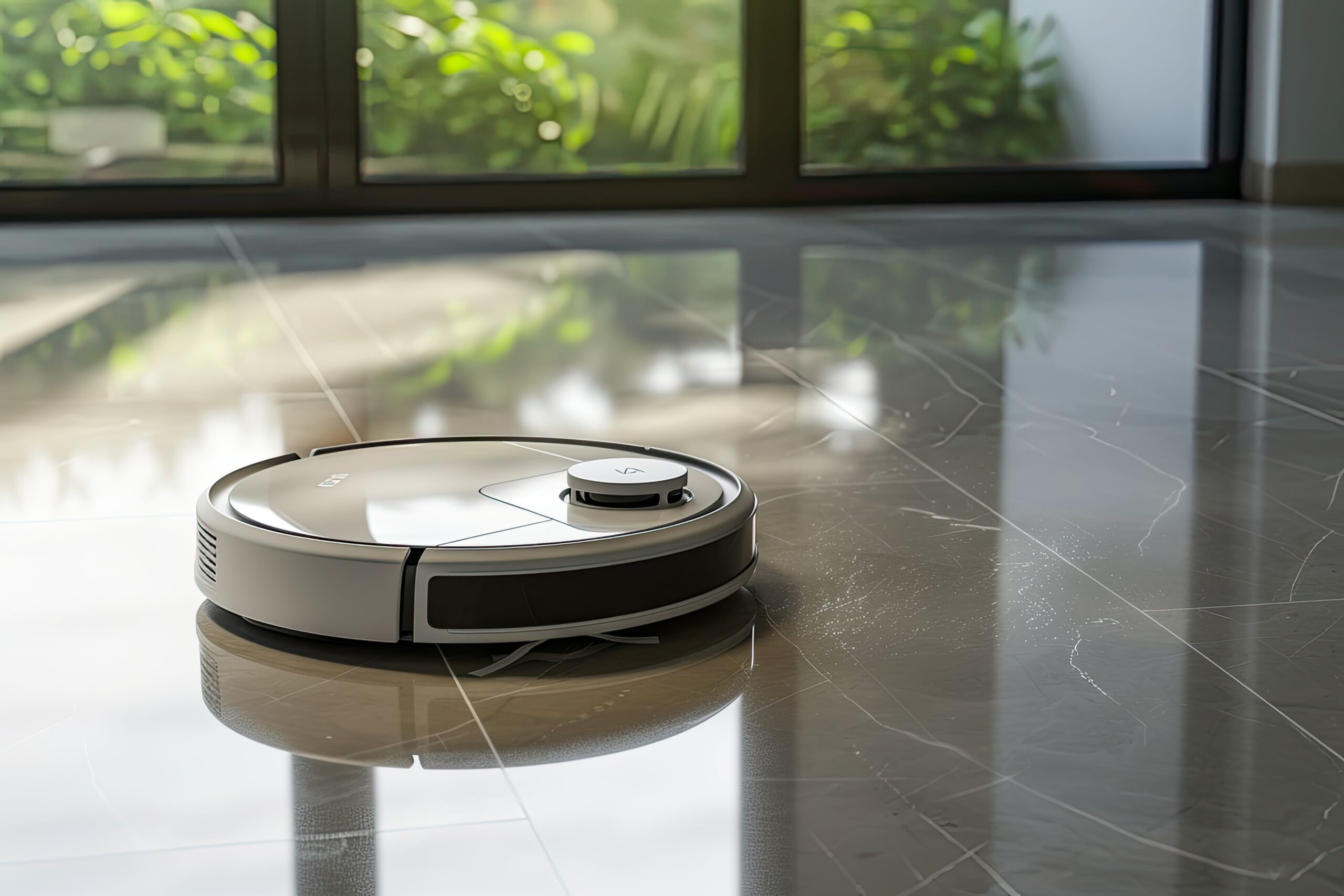 A sleek robotic vacuum cleaner poised on a spotless surface, reflecting modern home automation and convenience , high detail, 8k --ar 3:2 Job ID: cd0bda5a-aa2b-4c7e-beba-b3dbfd44fa41