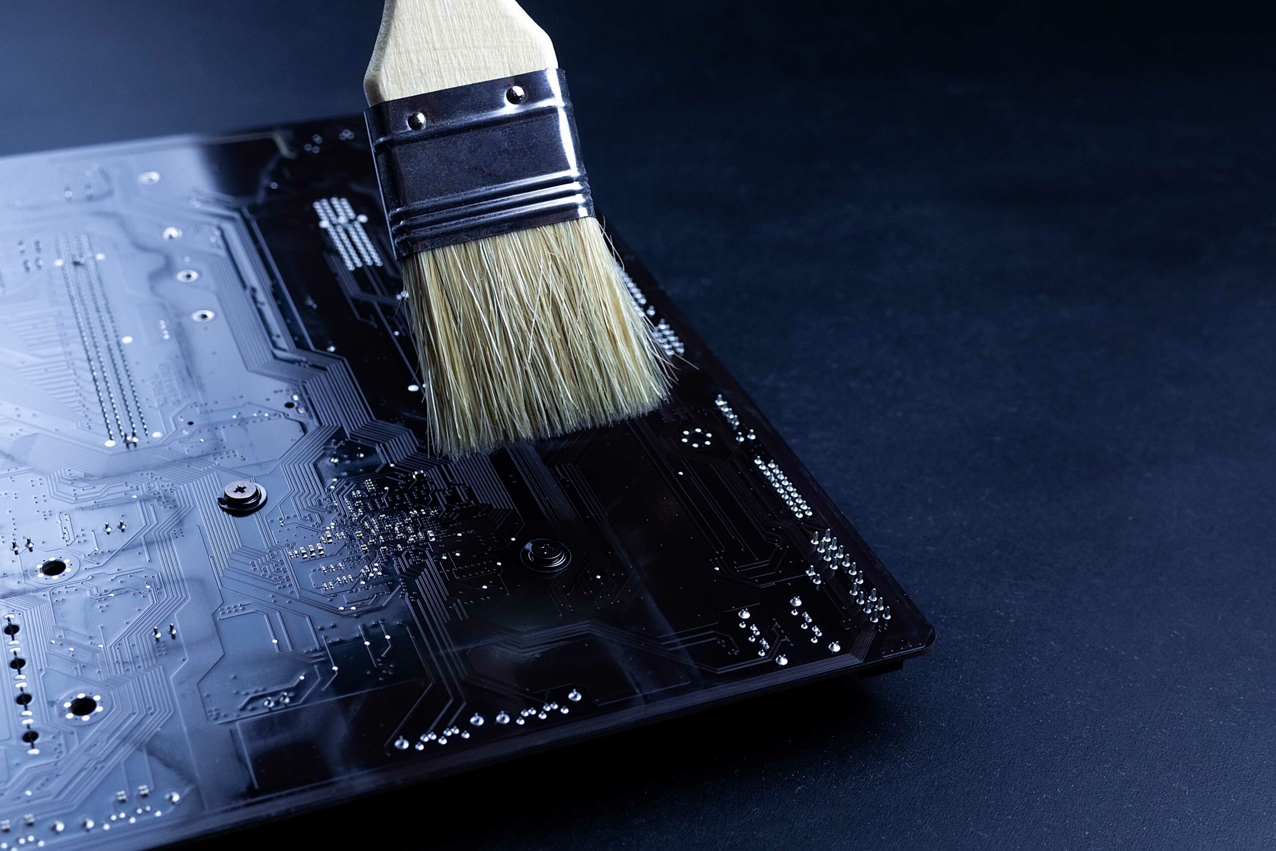 Motherboard. Disassembled laptop. Cleaning dust from a computer with a brush. Repairs